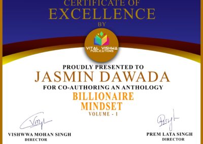 Jasmin Dawada Best Selling Book Billionaire Mindset Certificate